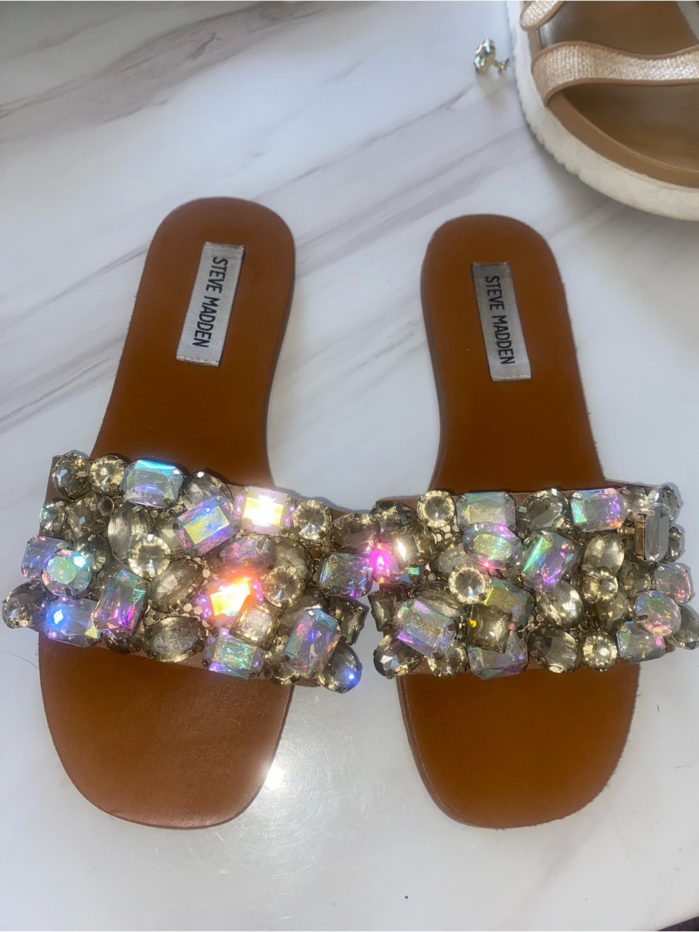 Steve Madden Brown Slide Sandals with Iridescent Crystal Straps